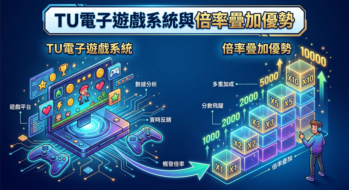 這張圖片展示了一個充滿科技感的電子遊戲系統界面,左側呈現精彩的遊戲畫面與操控裝置。 右側則以立體升級圖表與倍率加成數據,直觀突出「倍率疊加」帶來的高分優勢與核心魅力。