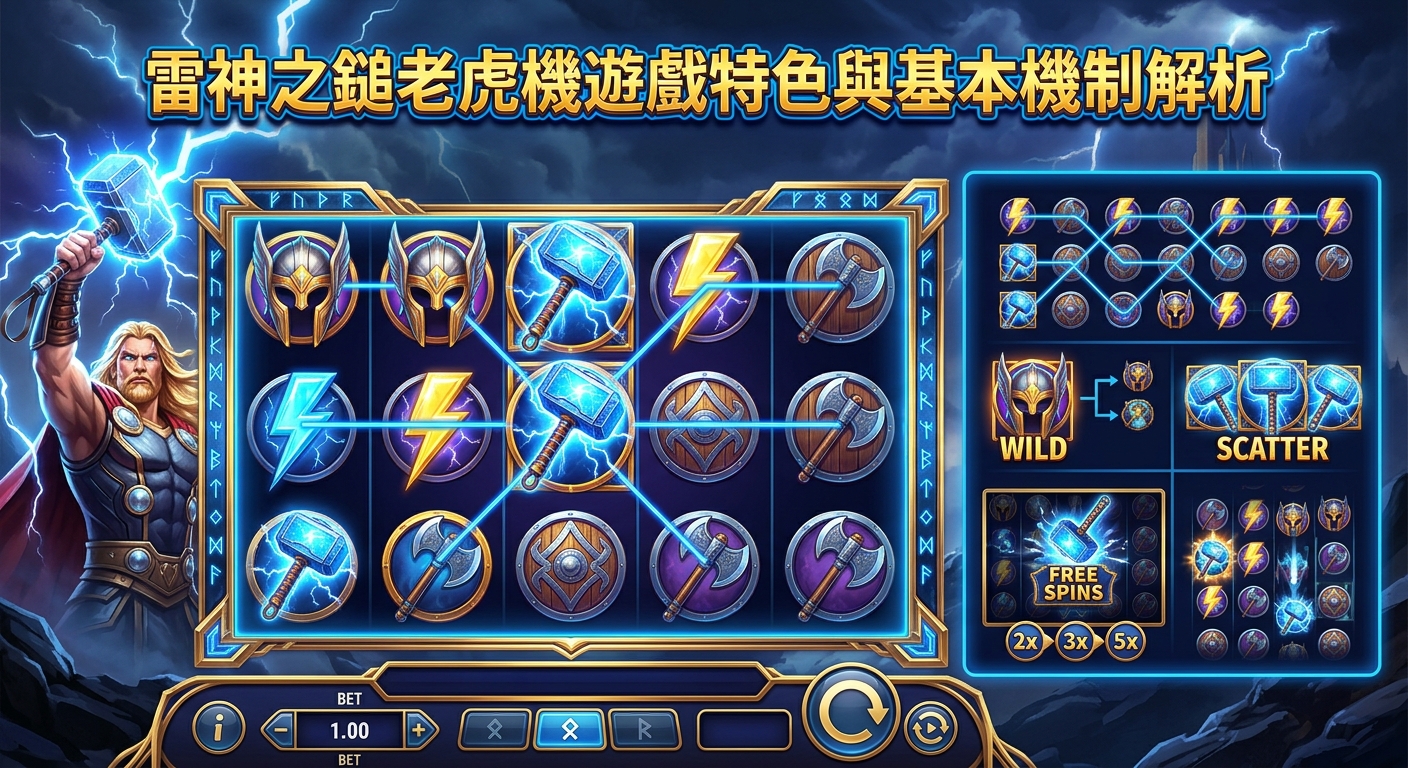 這是一張以北歐神話「雷神索爾」為主題的老虎機遊戲介面圖，上方帶有「雷神之鎚老虎機遊戲特色與基本機制解析」的標題。 畫面左側展示了索爾舉起雷神之鎚的英姿，右側則詳細圖解了遊戲的連線方式、百搭符號、分散符號與免費旋轉等基本機制。