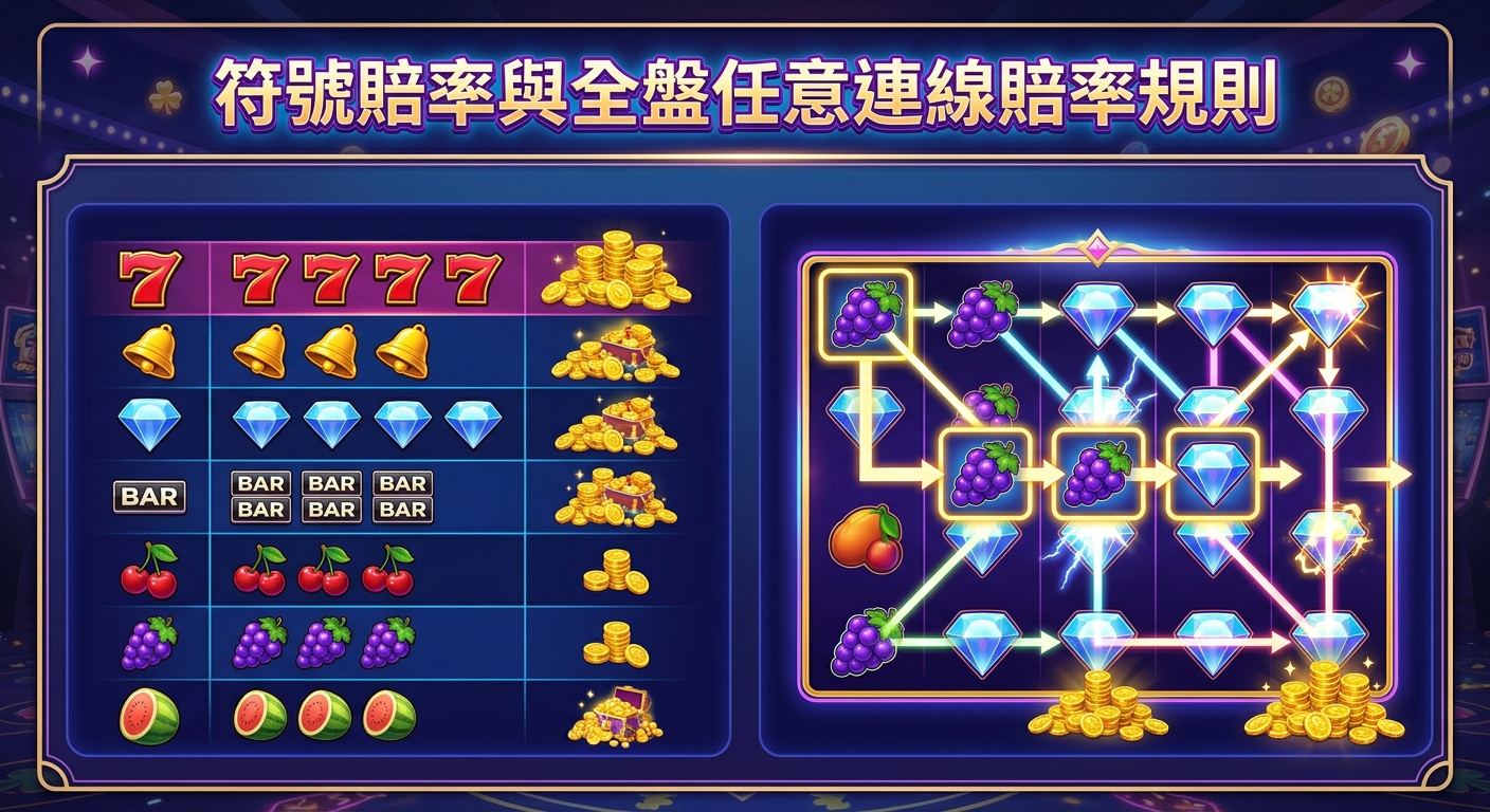 這是一張老虎機遊戲的規則說明圖，頂部帶有「符號賠率與全盤任意連線賠率規則」的唯一標題。 畫面左側列出了數字7、鈴鐺、鑽石與水果等經典符號的賠率表，右側則展示了複雜的連線中獎路徑示意圖。
