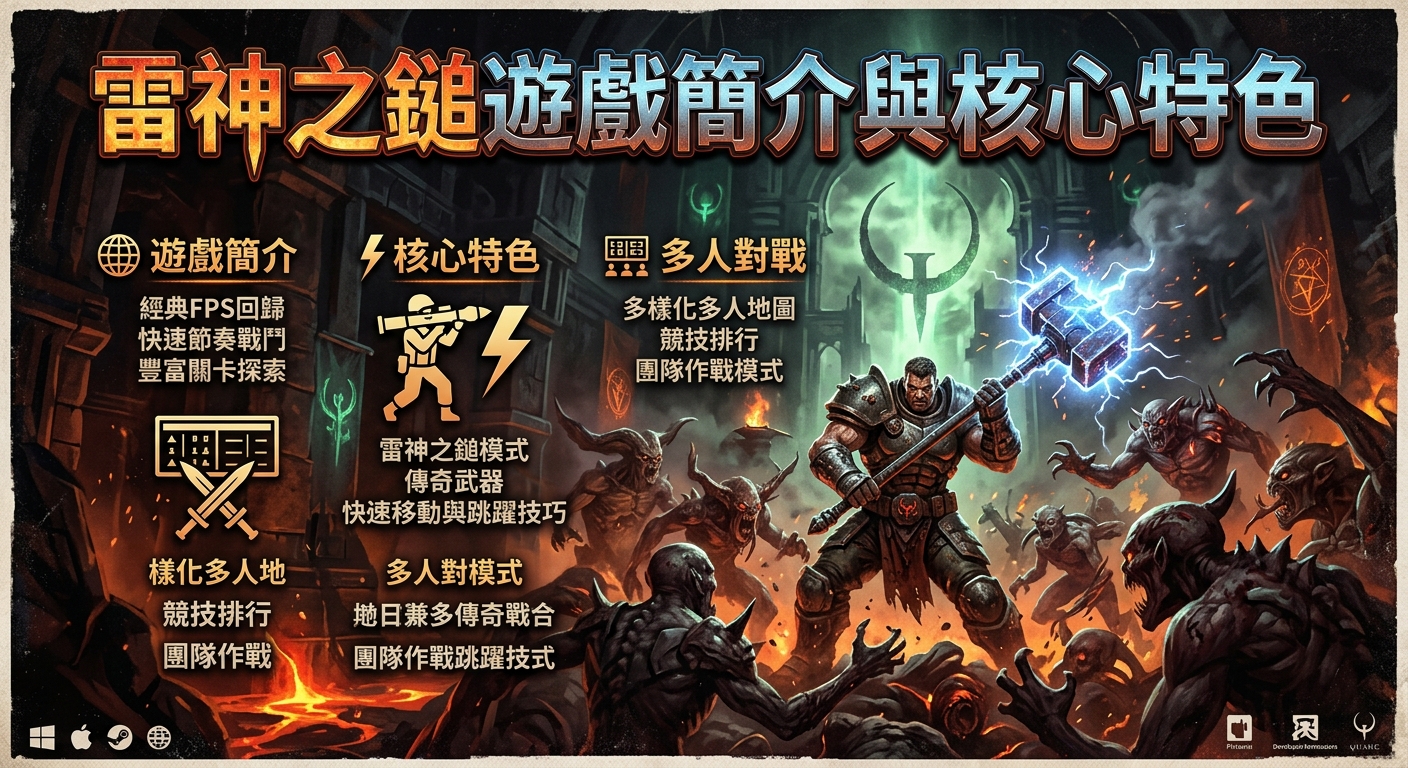 這張圖片展現了《雷神之鎚》遊戲的暗黑奇幻風格，主題標題「雷神之鎚遊戲簡介與核心特色」高懸於上方。 畫面中手持重型戰錘與武器的勇士在昏暗的地牢中與怪物交戰，兩旁則配有介紹遊戲特色與多人對戰的繁體中文說明圖標。