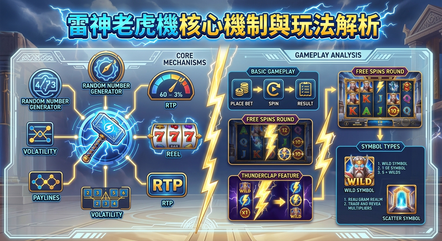 這幅圖解海報採用玄藍與雷電特效的科技風格，中央展示了「雷神之錘」與其核心機制（如 RTP、揮發性與賠付線）。 右側則以流程圖和實機介面，詳細解析基本玩法、免費遊戲機制與特殊符號（如 Wild 與 Scatter）的運作方式。