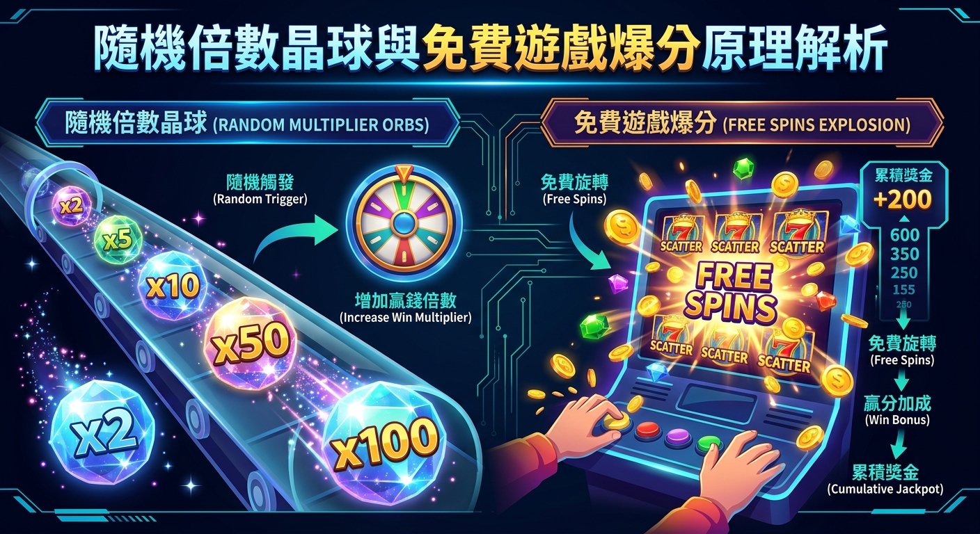 圖中展示了隨機倍數晶球與免費遊戲爆分原理解析，左側為帶有不同倍率的絢麗晶球，右側為觸發免費旋轉與累積獎金的熱門老虎機畫面。 整體設計採科技感暗色背景與璀璨光效，清晰呈現遊戲中倍率加成與高額彩金爆發的核心機制。