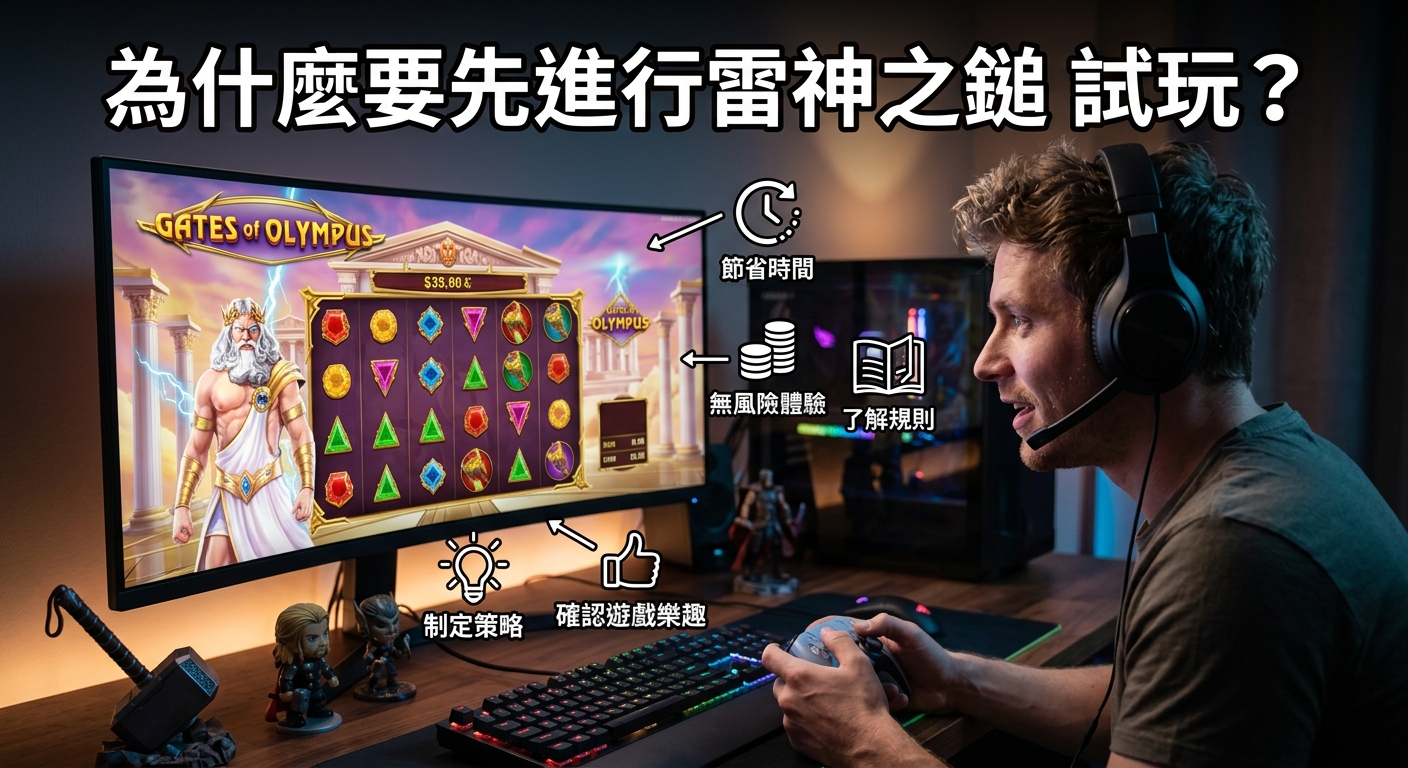 這張圖片展示了一位玩家正在電腦前體驗《雷神之鎚》遊戲,螢幕上呈現出豐富的遊戲畫面與圖示。 上方配有標題「為什麼要先進行雷神之鎚 試玩?」,並透過圖文標註強調無風險體驗與了解規則等優勢。