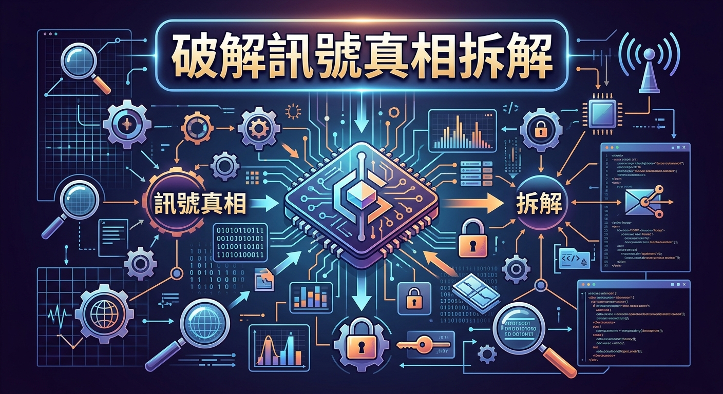 這張圖以科技與數據解析為主題,展現包含晶片、電路、齒輪與數據圖表的現代數位風格。 畫面上方標有「破解訊號真相拆解」的大字標題,傳達出深入分析與解密核心技術的意象。