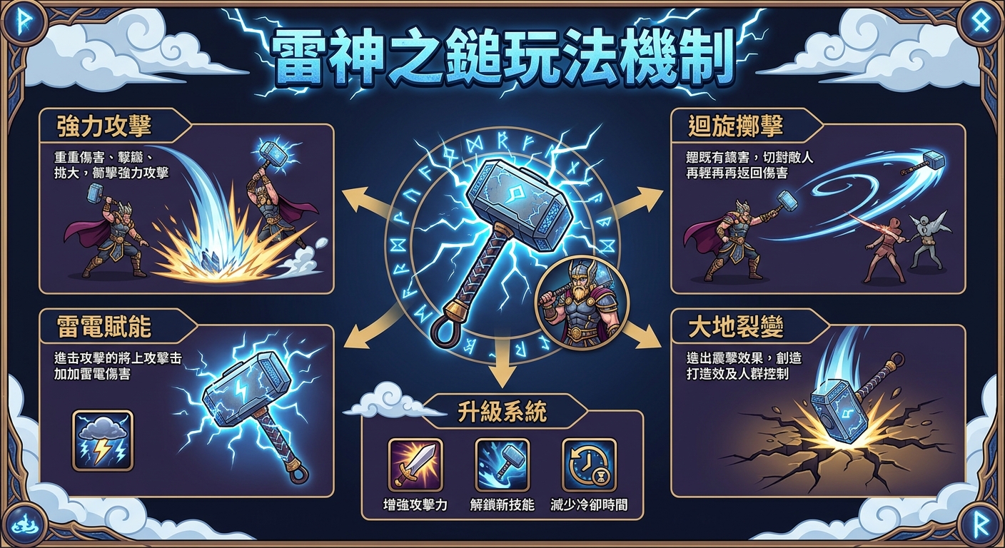 這張圖解展示了「雷神之鎚」的遊戲玩法機制,中心為發光的雷神之鎚與符文,四周延伸出強力攻擊、迴旋擲擊、雷電賦能、大地裂變與升級系統等技能說明卡片。 整體視覺採用動漫奇幻風格,搭配湛藍色的閃電特效與古典邊框,清楚呈現雷神之鎚的各項戰鬥特色與系統架構。