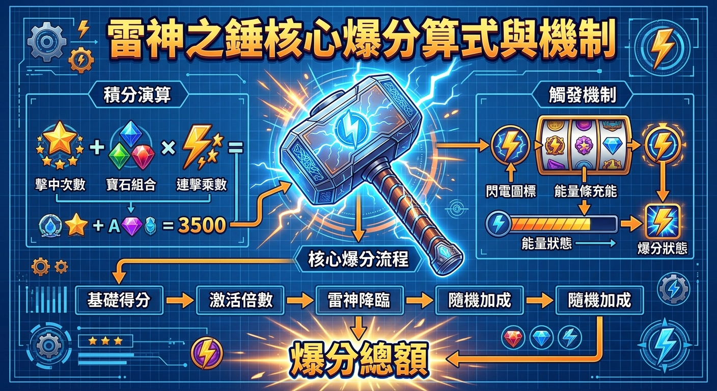 這張圖以科技藍為底色，中央繪有發光的雷神之鎚，並結合閃電、寶石與能量條等元素呈現遊戲機制。 頂部標有黃色標題「雷神之錘核心爆分算式與機制」，左右兩側則利用流程圖與算式展示積分運算與爆分觸發流程。