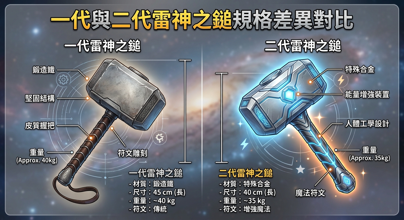 這張圖片呈現了一代與二代雷神之鎚的規格差異對比,背景為浩瀚的宇宙星空。 左側的傳統鎚體展現出厚重的鍛造金屬感,右側的新型鎚體則融入藍光特效與現代科技感的能量線條。