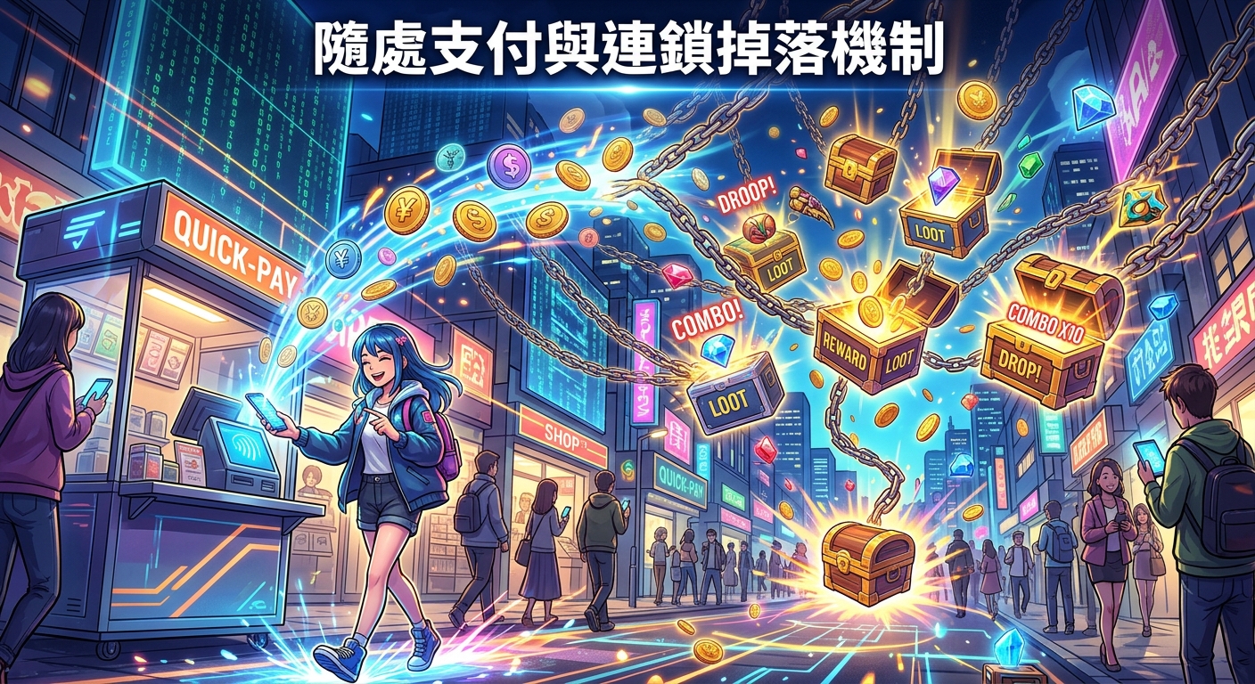 這幅插畫展現了繁華都市中便利的數位支付場景,隨處可見民眾使用手機輕鬆完成付款。 畫面上方標示著「隨處支付與連鎖掉落機制」,並結合寶箱、金幣與金屬鐵鍊引發的連鎖掉落特效,營造出充滿遊戲感與獎勵回饋的動態氛圍。