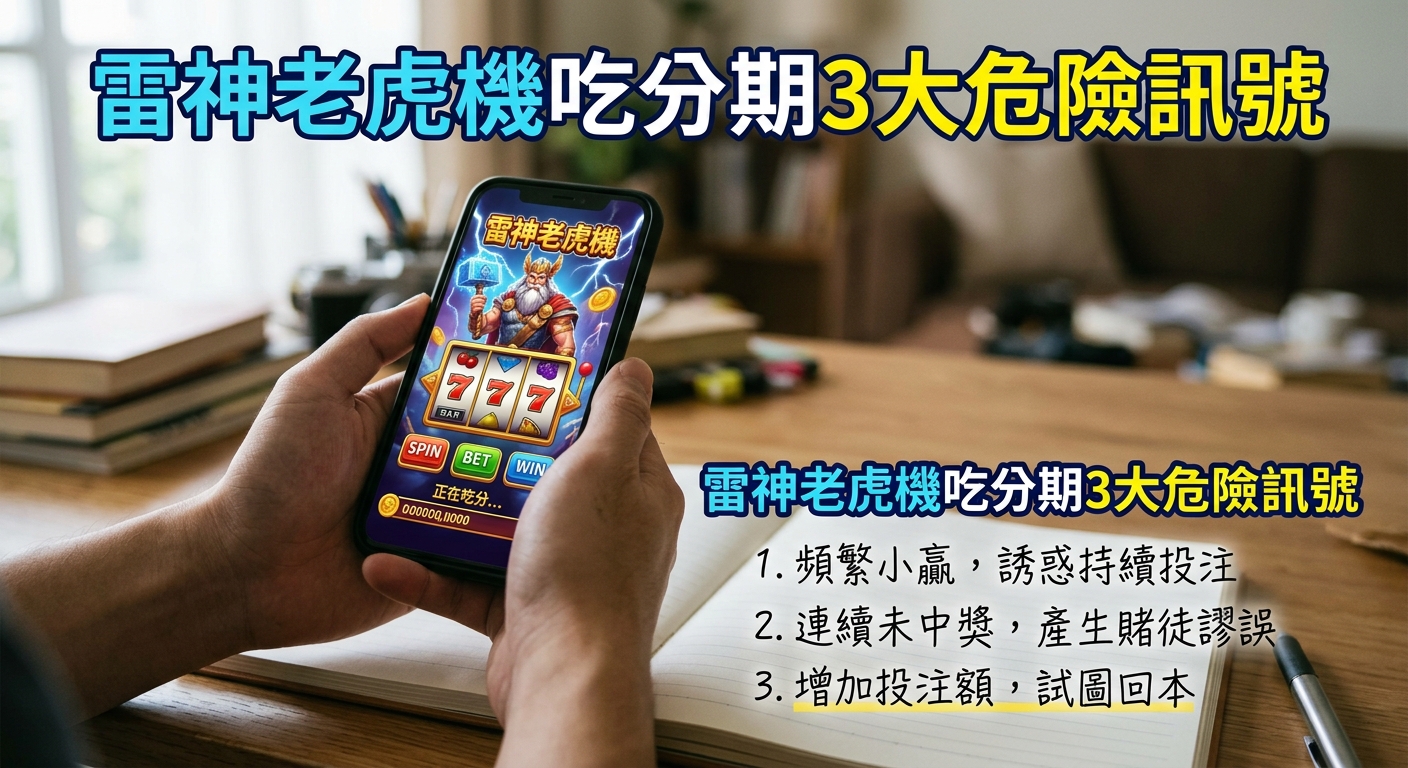 這張圖片展示了一個人手中拿著顯示「雷神老虎機」遊戲的智慧型手機。 畫面右側標註了「雷神老虎機吃分期3大危險訊號」,並列出相關的提示內容。
