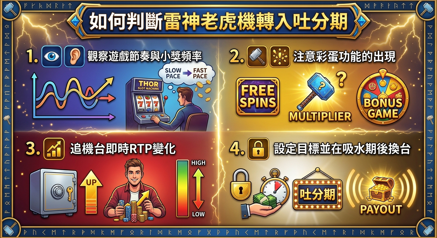 這張圖像是關於「如何判斷雷神老虎機轉入吐分期」的指南,採用以雷神為主題的經典金色與藍色閃電視覺風格。 畫面分為四個部分,結合圖表、符號與文字說明,幫助玩家掌握遊戲節奏、彩蛋出現頻率與 RTP 變化等關鍵指標。