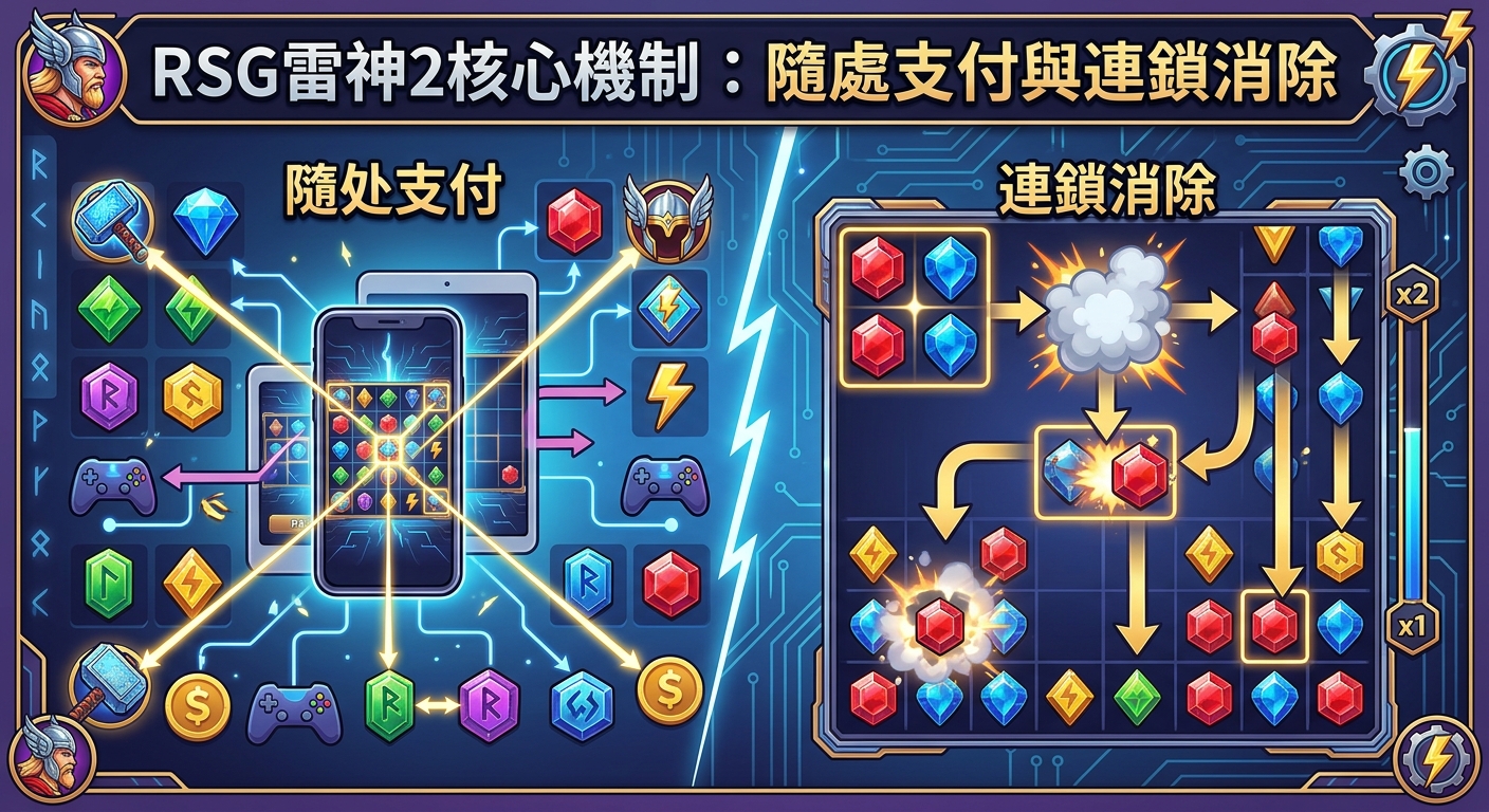 這幅圖象以「雷神2」為主題,展現了「隨處支付」與「連鎖消除」的核心遊戲機制。畫面採用電競風格的藍色背景,左側呈現多通道支付 flow,右側則示範寶石消除與連續爆破的效果,頂部飾有繁體中文標題。