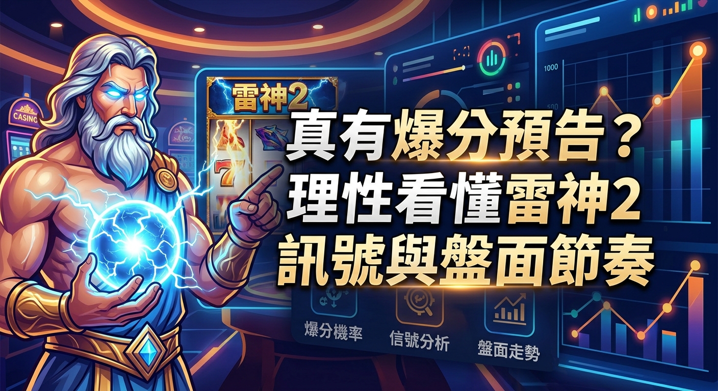 這張圖片呈現了《雷神2》老虎機遊戲的分析畫面,左側為形象霸氣的雷神手握閃電,右側展示著趨勢圖表與數據面板。 畫面上方印有醒目的文字「真有爆分預告?理性看懂雷神2訊號與盤面節奏」,傳達出理性分析與解讀遊戲節奏的核心主題。