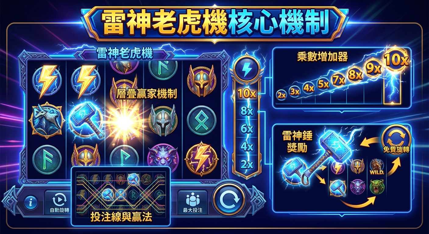 這張圖片展示了一款以「雷神之鎚」為主題的 Slot 電腦遊戲介面，色彩豐富且細節豐富。 整體設計採用暗藍色調，配有閃電效果，營造出神秘而充滿活力的氛圍。