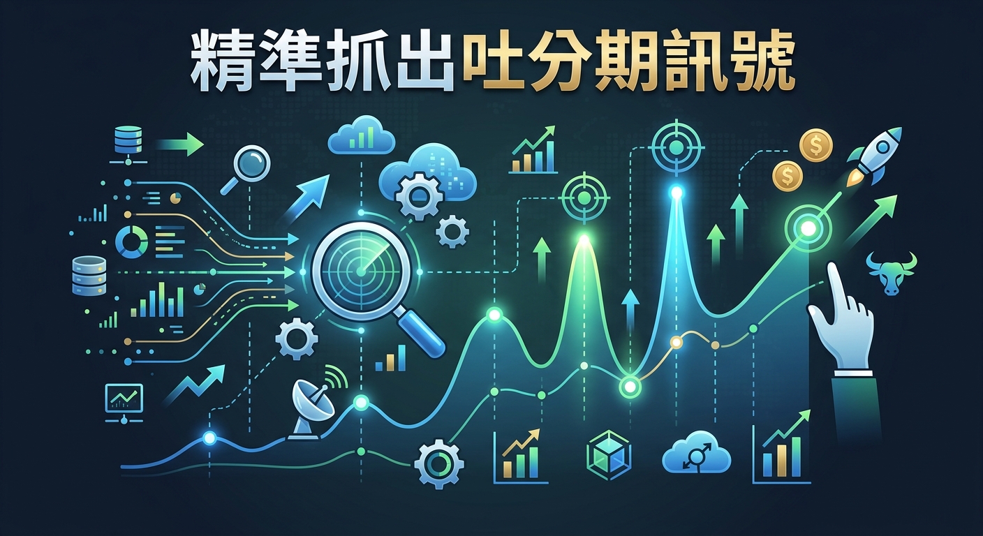 這張圖片採用科技感十足的深色背景，中心以明亮的綠色與藍色數據波形圖象徵市場精準訊號。 畫面上融合了雷達、數據庫、火箭及上升趨勢圖等元素，頂部則標註醒目的繁體中文標題「精準抓出吐分期訊號」。