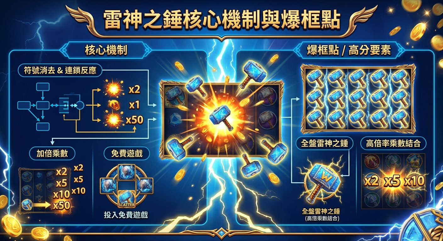 這張圖表詳細解析了「雷神之錘」遊戲的核心機制，包含符號消除、連鎖反應與加倍乘數等玩法。 同時標示出「爆框點」與高分要素，展示全盤雷神之錘與高倍率結合的致勝關鍵。