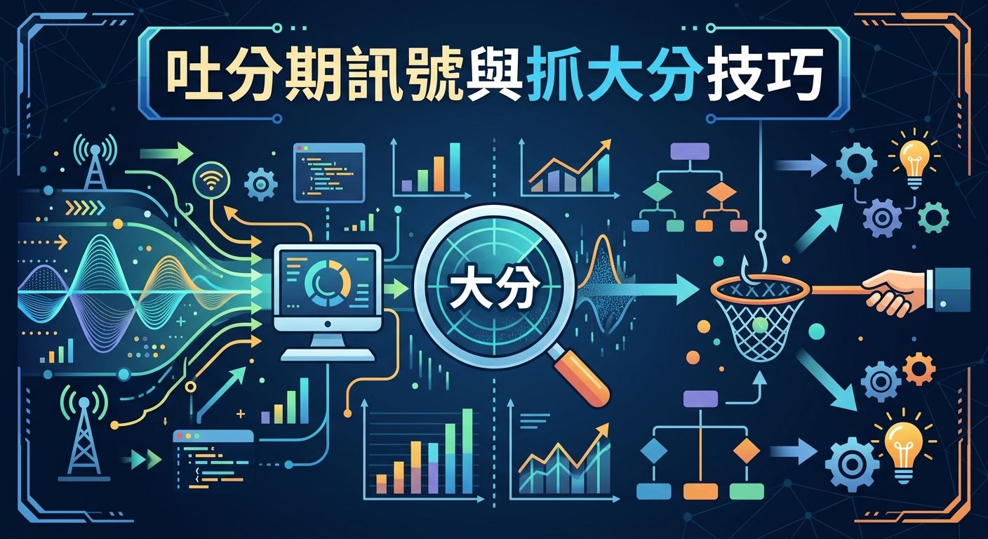 這張圖片採用現代科技風格的插畫設計，畫面上方以醒目的方框標示出標題「吐分期訊號與抓大分技巧」。  背景包含數據圖表、信號波形、放大鏡與流程圖等元素，象徵著透過精準分析與訊號解讀來掌握關鍵時機。