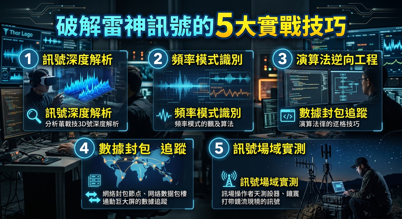 這張圖片呈現一個充滿未來科技感的控制室，中央上方以亮藍色與黃色字體標示著主標題「破解雷神訊號的5大實戰技巧」。 背景結合了數據分析大螢幕、藍光波形圖表與現場實測人員，並劃分為五個代表不同解析技巧的科技模組與圖示。