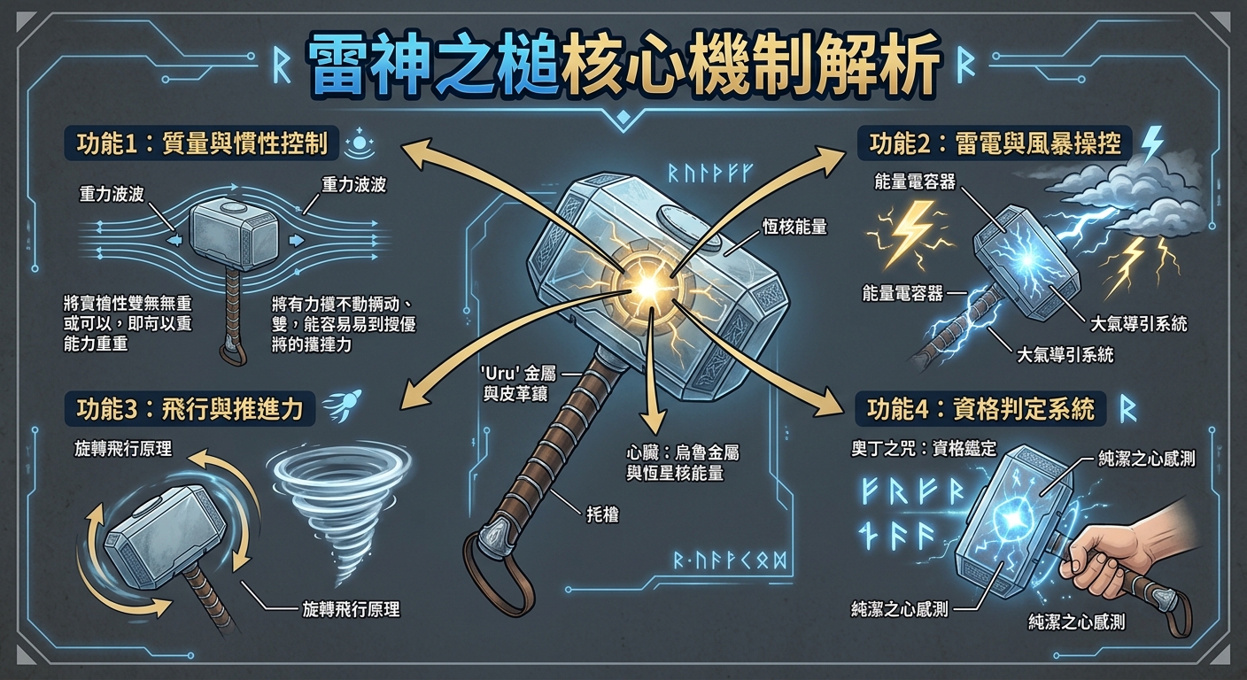 一張科技感十足的雷神之鎚機制解析圖,以深藍色調呈現錘身內部構造與能量流動。 畫面圍繞四大核心功能展開:質量控制、電磁操縱、飛行推進與資格判定系統。