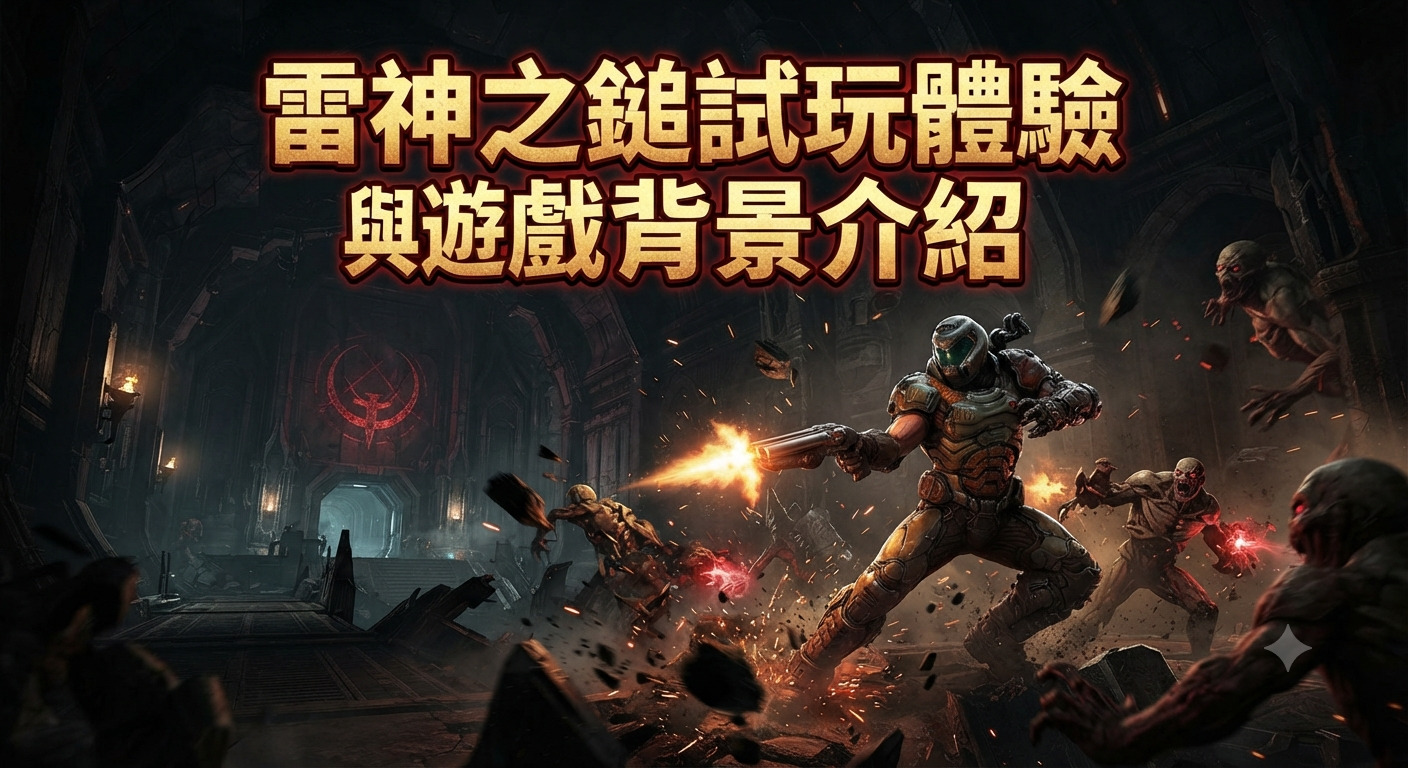 這張圖片展示了一場黑暗科幻風格的激烈戰鬥場景，畫面中央醒目地印有「雷神之鎚試玩體驗與遊戲背景介紹」的標題文字。 背景中充滿了廢墟與怪物元素，突顯出經典射擊遊戲《雷神之鎚》（Quake）的緊張刺激氛圍。