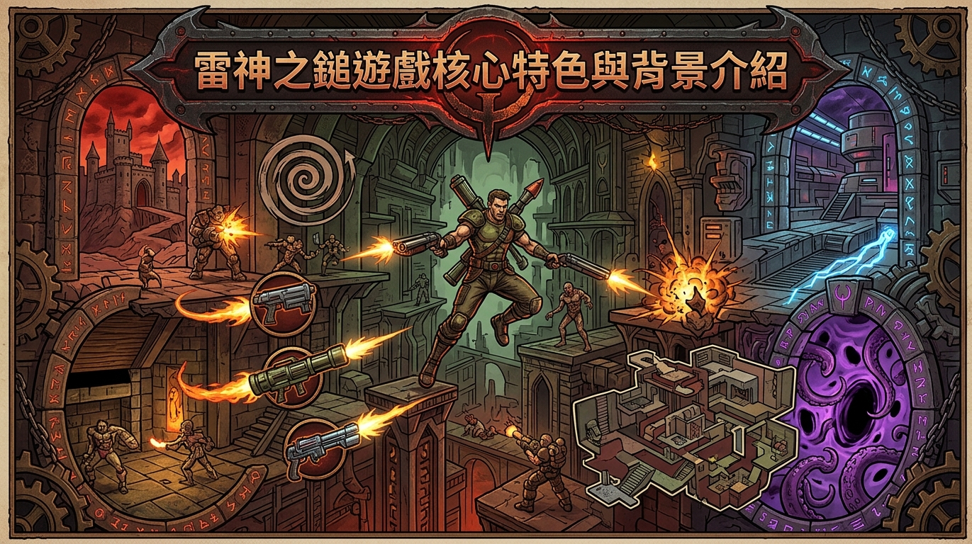 這幅插圖以復古風格展現了《雷神之鎚》的暗黑哥德式地牢、神秘傳送門與激烈的射擊戰鬥場景。 畫面中央的主角正持槍躍起,周圍環繞著經典武器圖標與立體迷宮地圖,完美呼應了遊戲的核心特色。