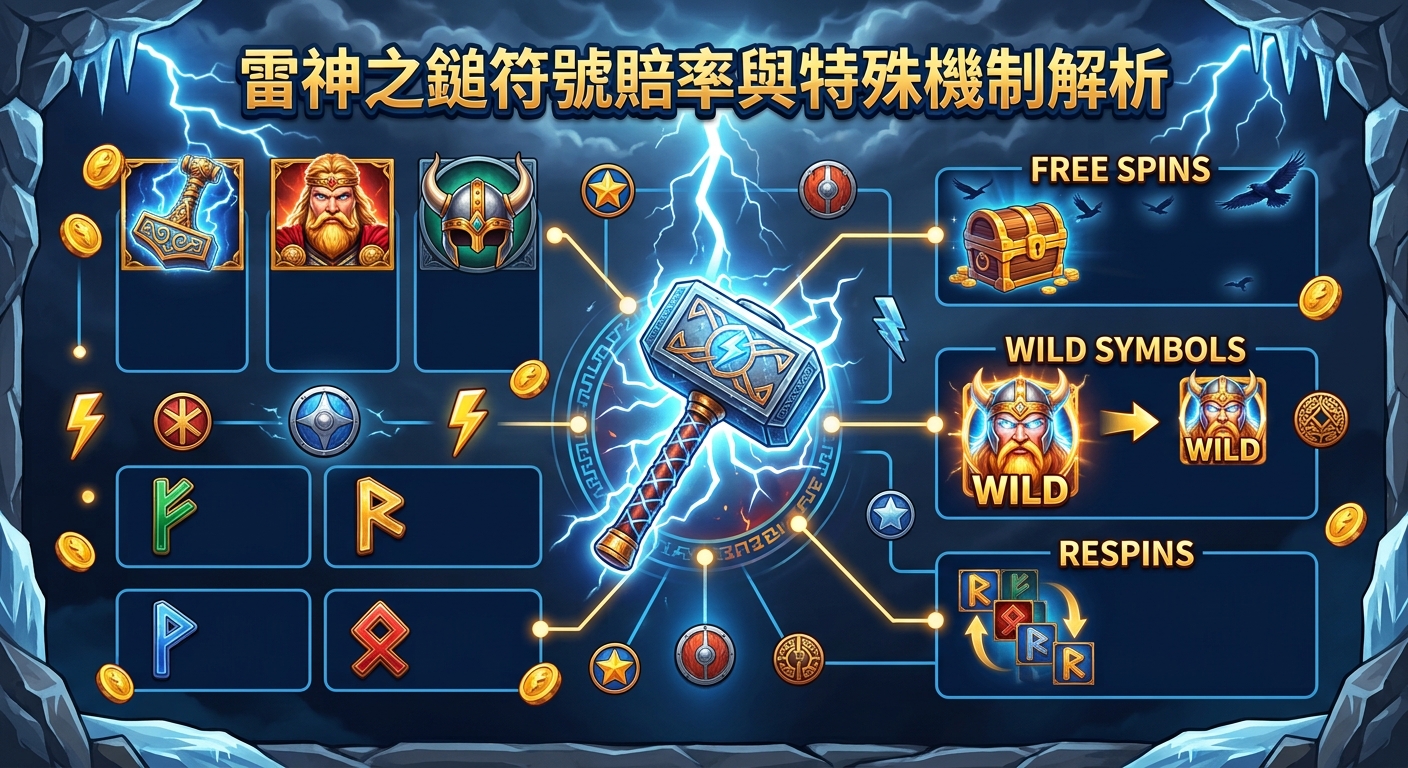 這張圖片展示了以北歐神話為主題的遊戲機制圖解,正中央有一把發光的雷神之鎚,上方帶有「雷神之鎚符號賠率與特殊機制解析」的標題。 周圍詳細排列了各種遊戲符號(如奧丁、符文與盾牌),並透過線條連接來解釋免費旋轉、百搭符號及重置旋轉等特殊機制的運作方式。
